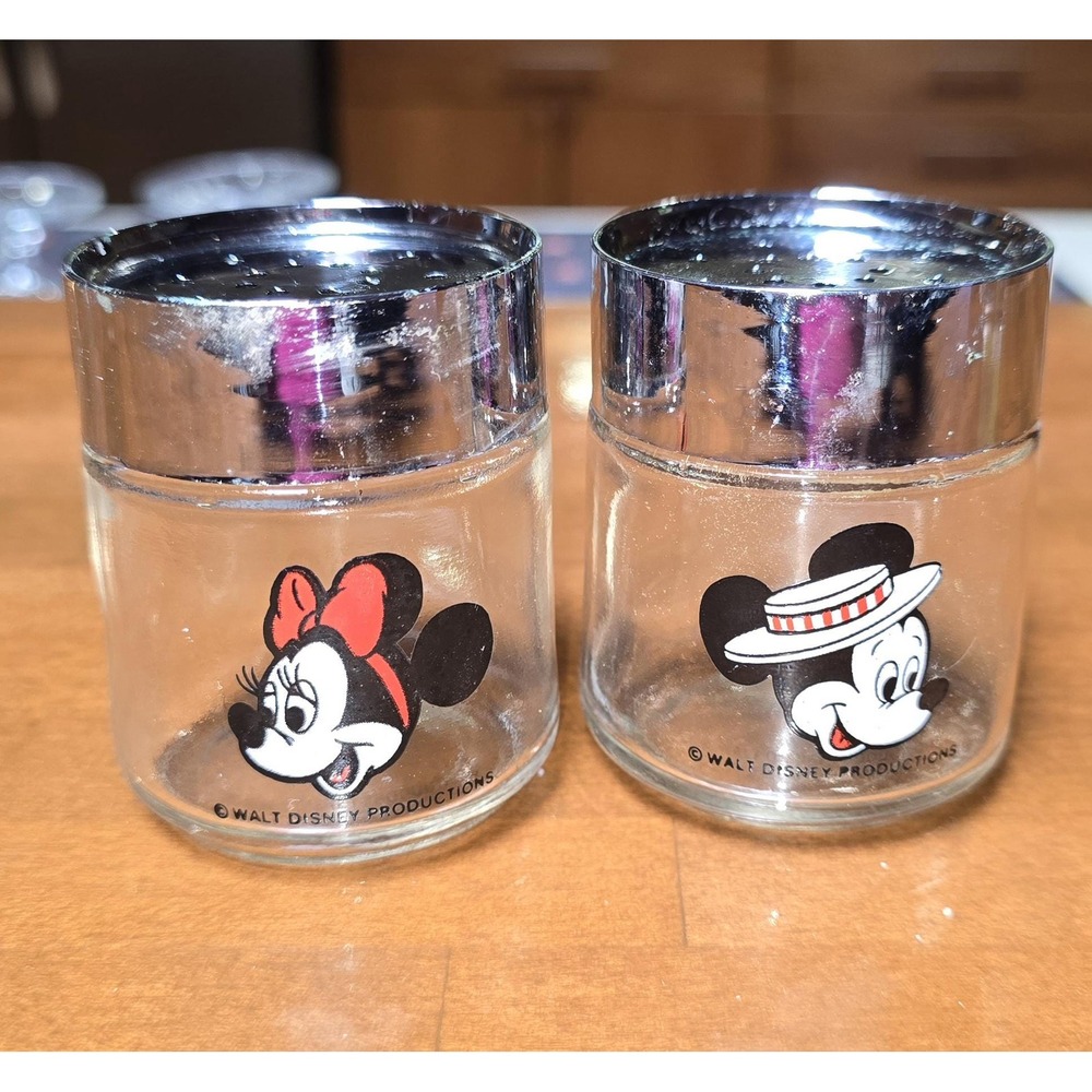 Vintage Walt Disney Mickey & Minnie Mouse Glass Salt and Pepper Shakers